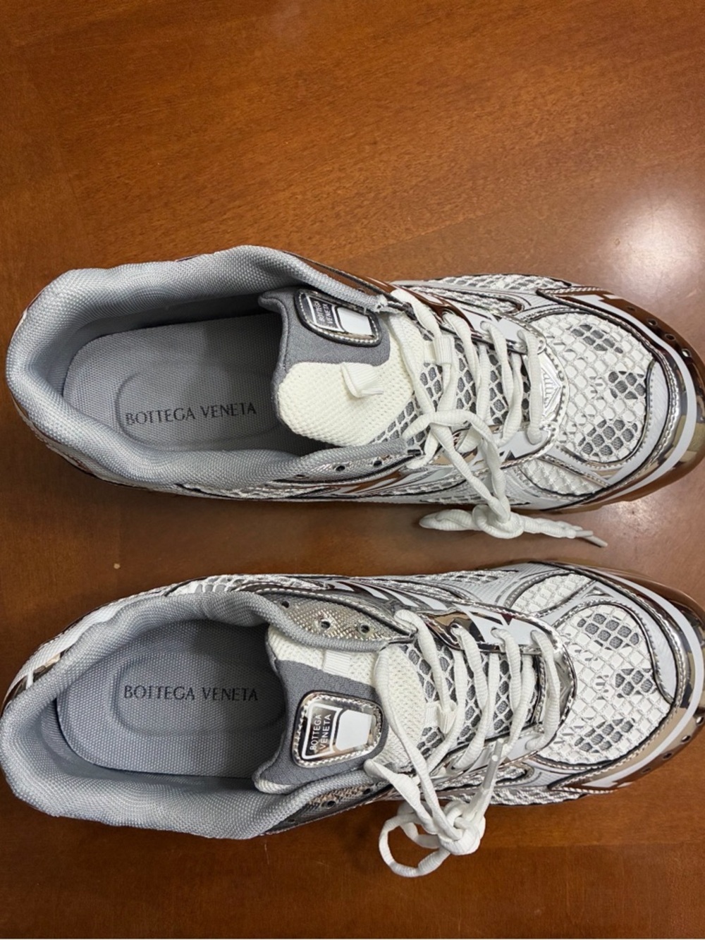 Bottega Veneta White and Silver Mesh Metallic Runner Sneakers